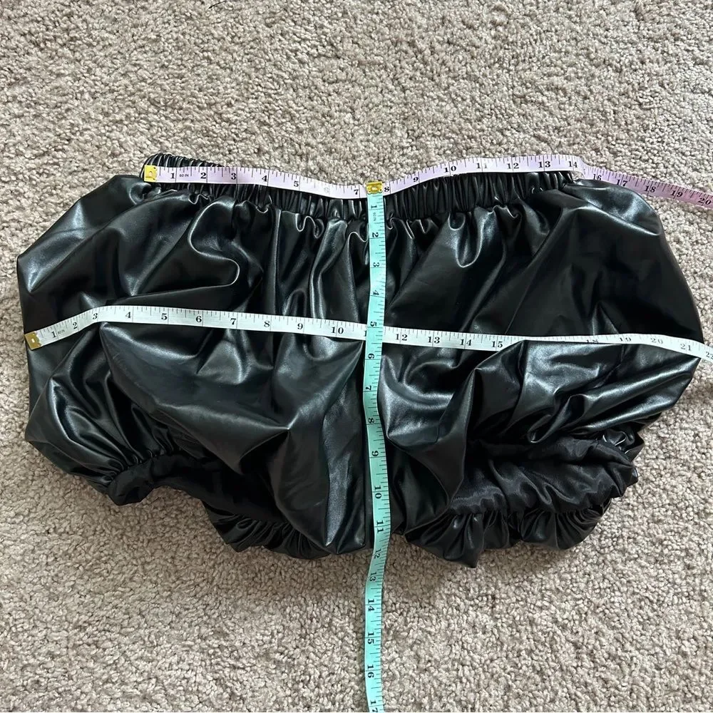 PrettyLittleThing Black Faux Leather Puff Ball Mini Skirt Size 6
